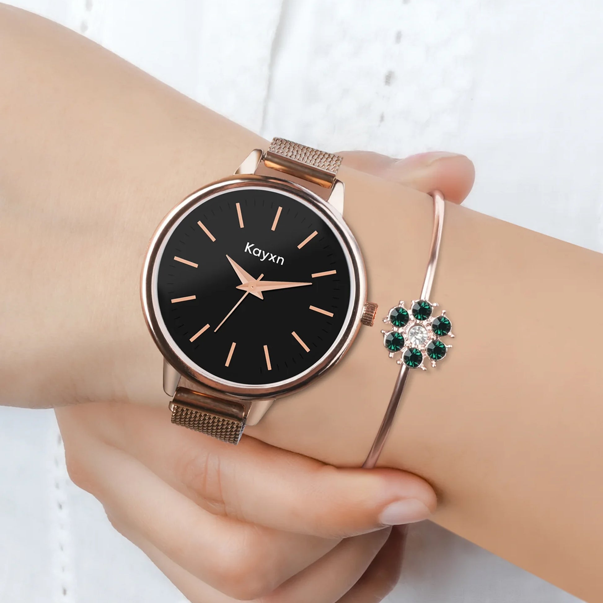 Starlit Rose Gold Embellished Watch & Green Daisy Bracelet Combo