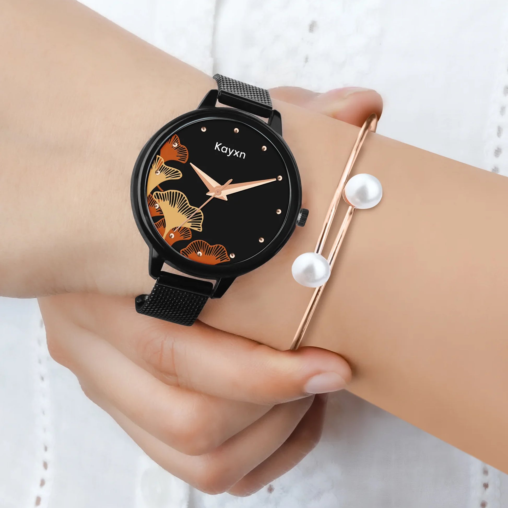 Flora Black Embellished Watch & Pearl Duo Bracelet Combo