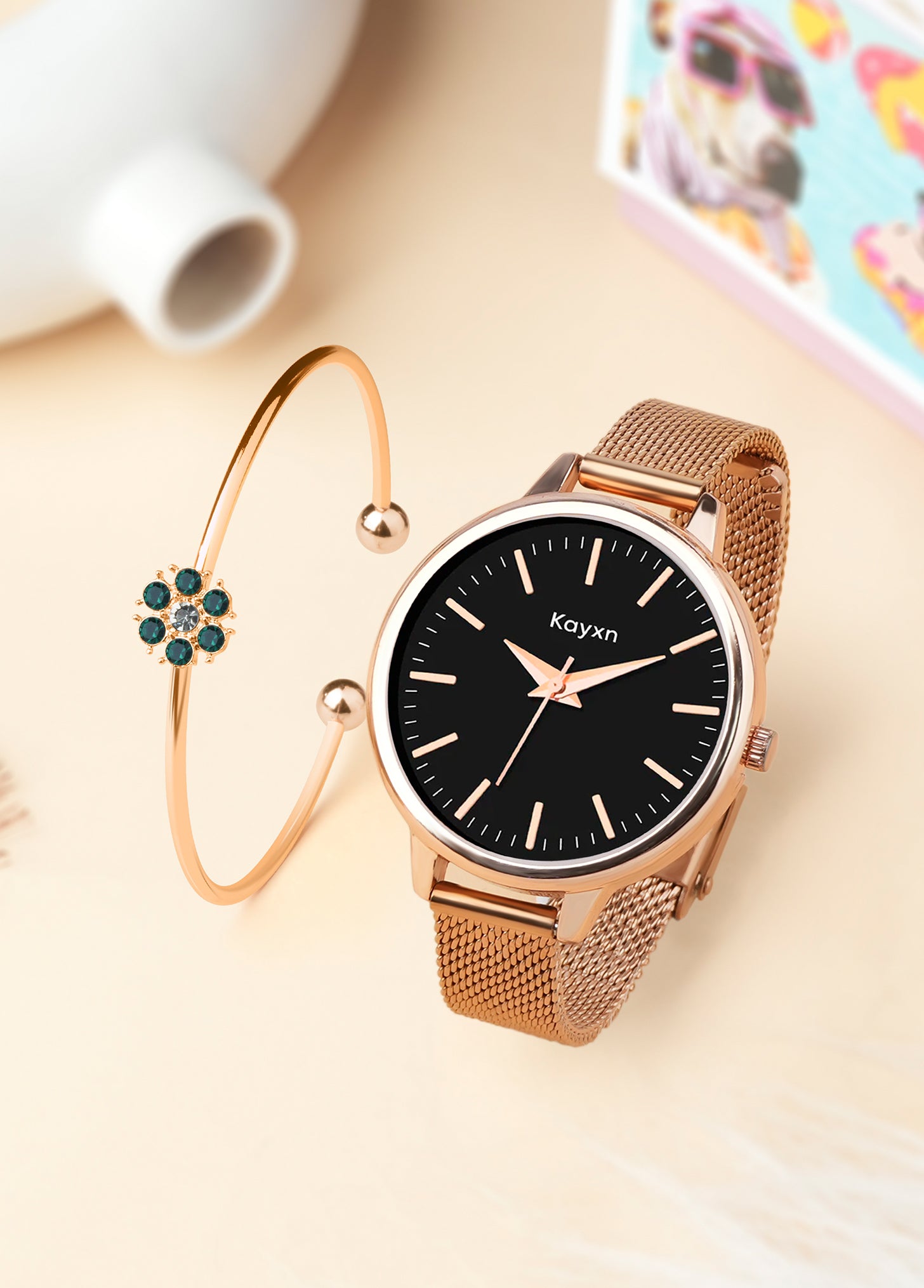 Starlit Rose Gold Embellished Watch & Green Daisy Bracelet Combo