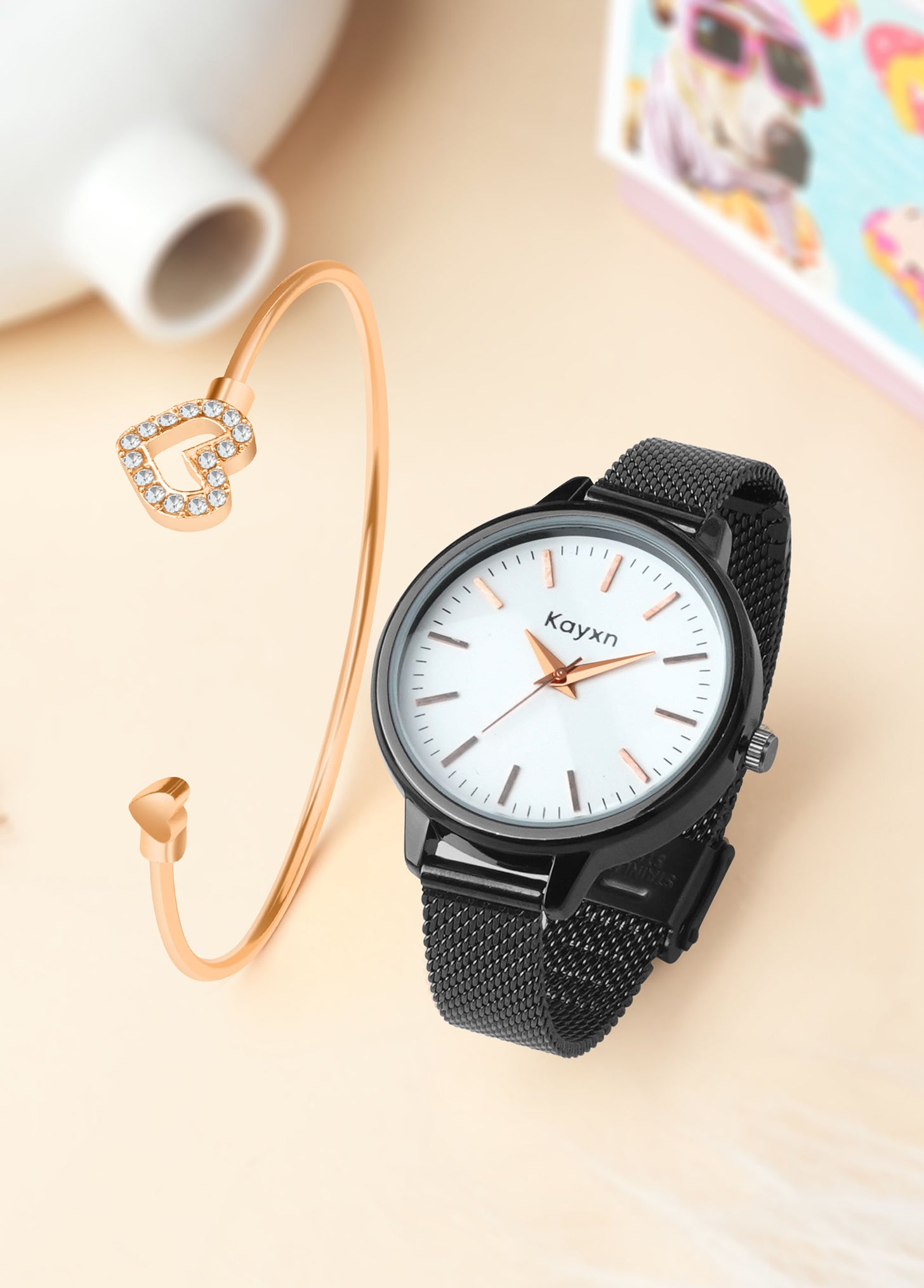 Starlit Black Embellished Watch & Sparkle Heart Bracelet Combo