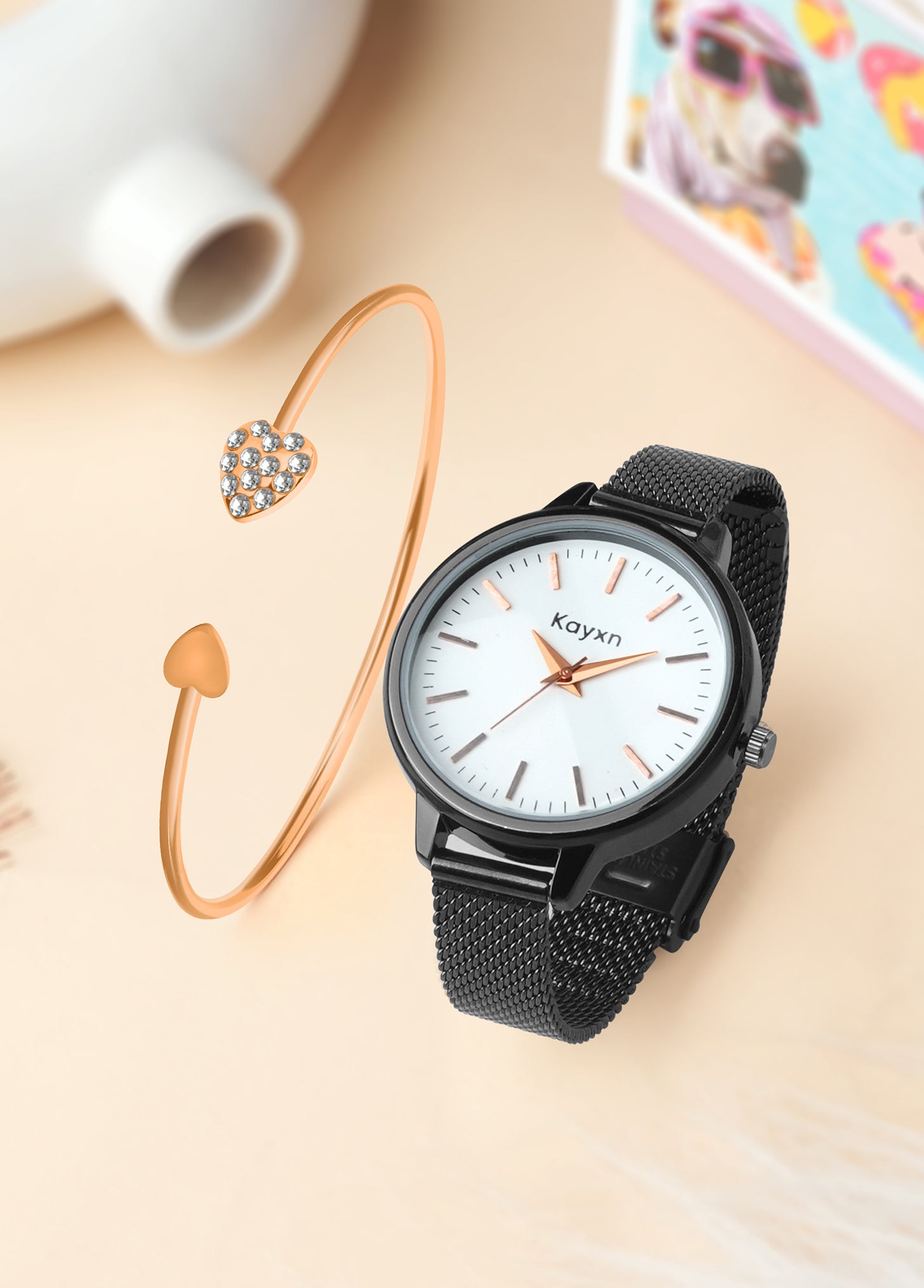 Starlit Black Embellished Watch & Crystal Heart Bracelet Combo
