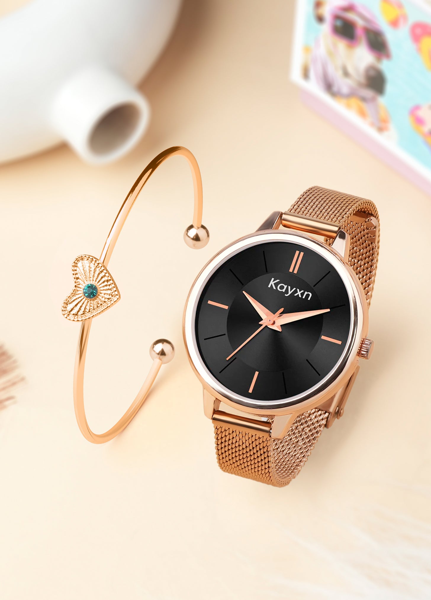 Eclipse Rose Gold Embellished Watch & Golden Heart Bracelet Combo