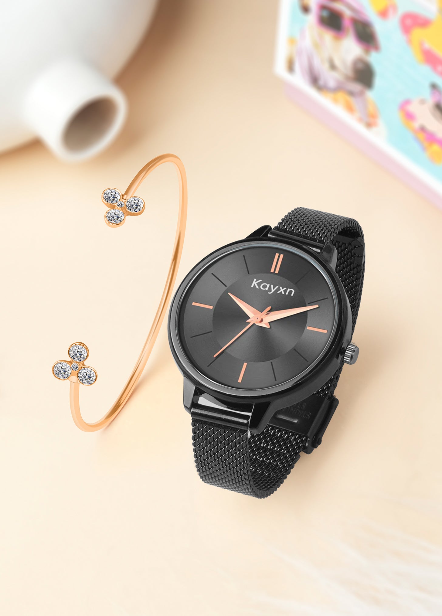 Eclipse Black Embellished Watch & Radiant Flora Bracelet Combo