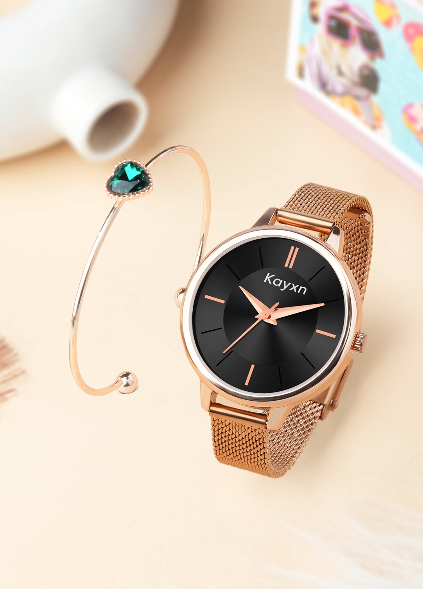Eclipse Rose Gold Embellished Watch & Emerald Heart Bracelet Combo