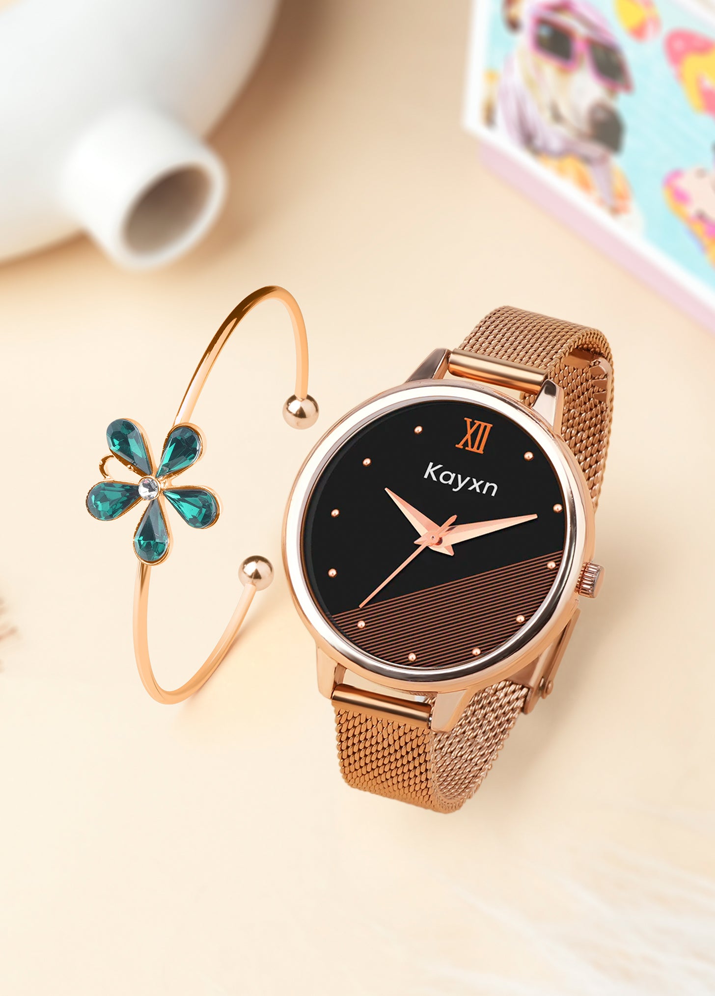 Majesty Rose Gold Embellished Watch & Crystal Petal Bracelet Combo
