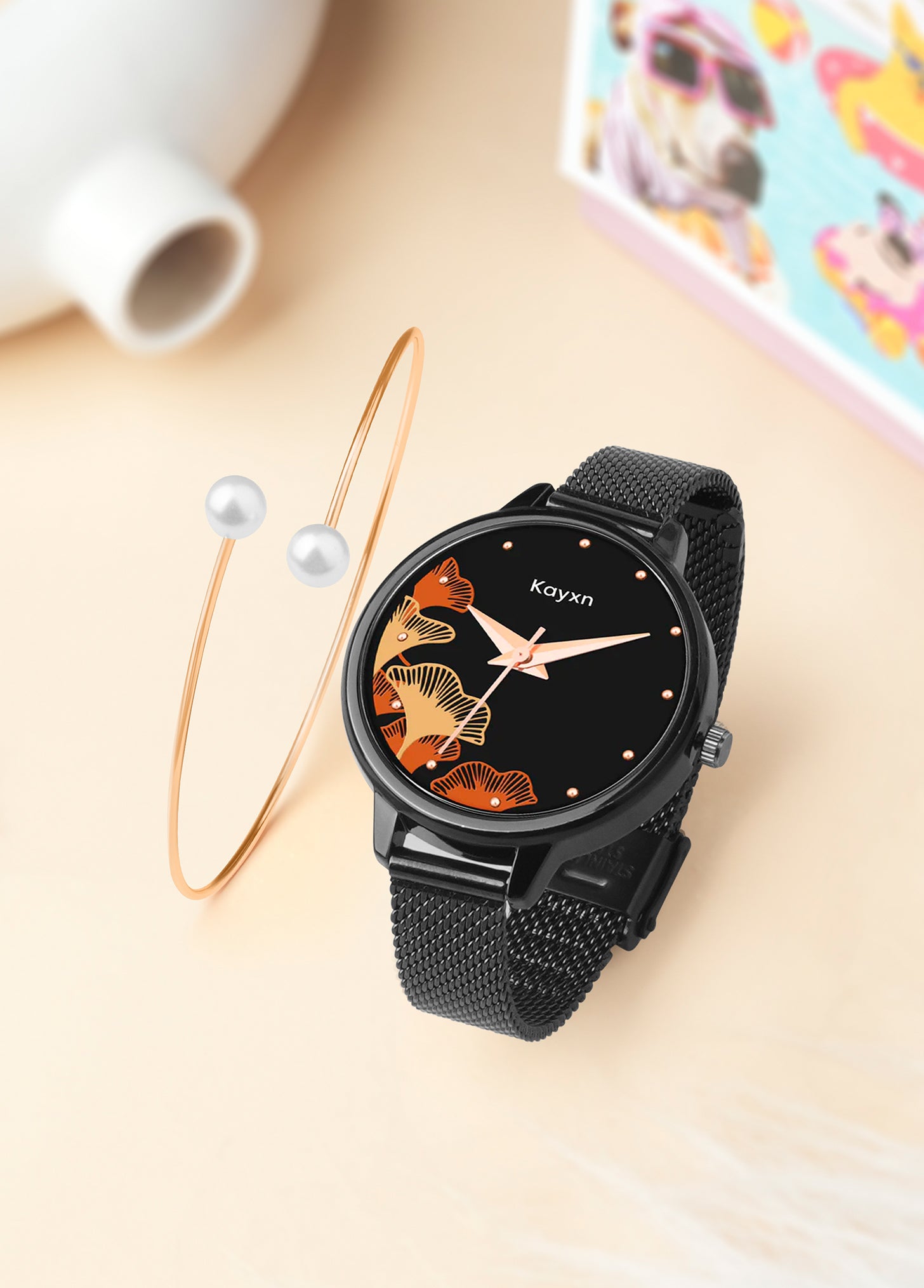 Flora Black Embellished Watch & Pearl Duo Bracelet Combo