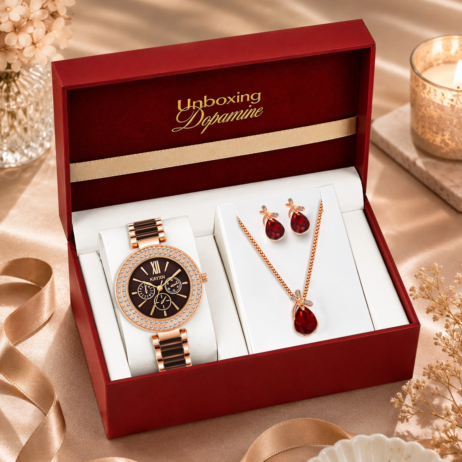 The Opaline Jewelry Gift Set with Watch - Ruby Red