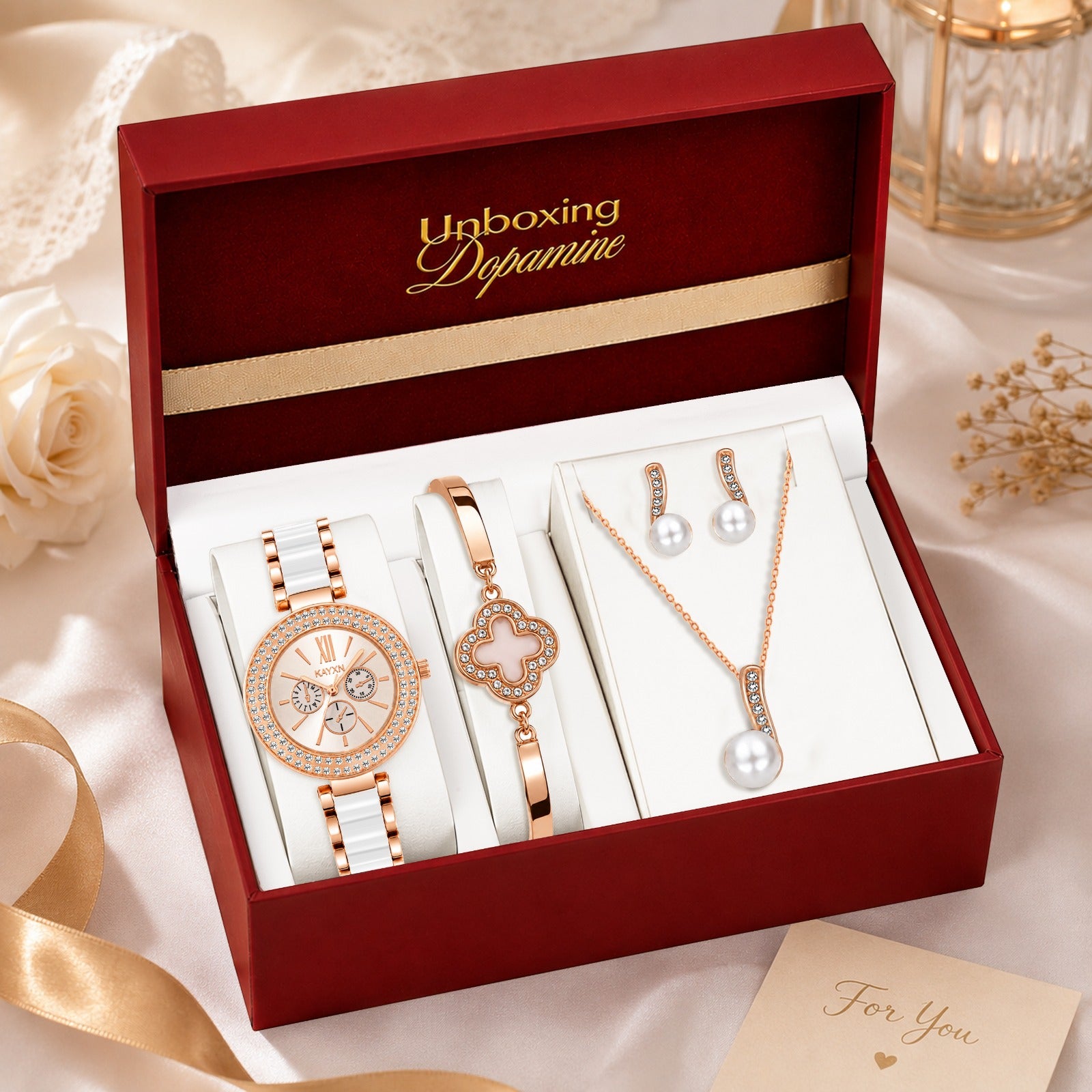 The Opaline Jewelry Gift Set with Watch - White